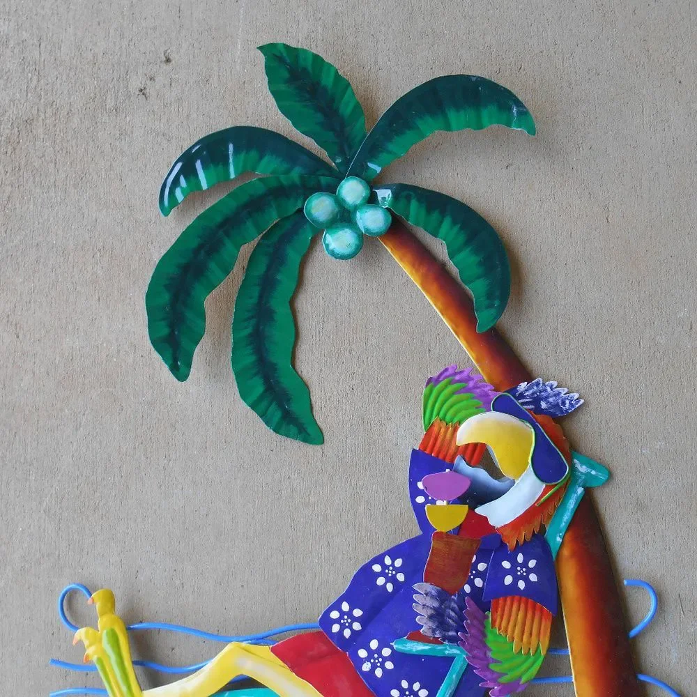 Tropical Coastal Tin Parrot with Palm Tree Wall Art Large